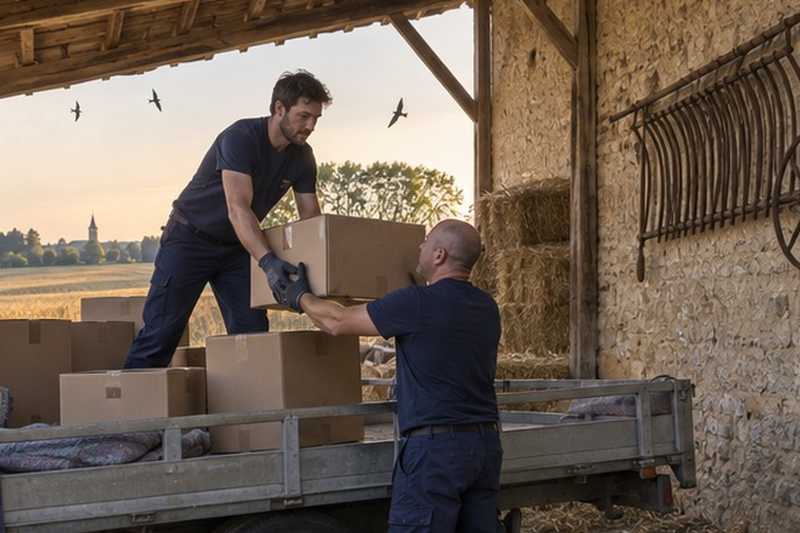Cartons empilés sous l’auvent d’une grange : chantier Rue de la Vallée