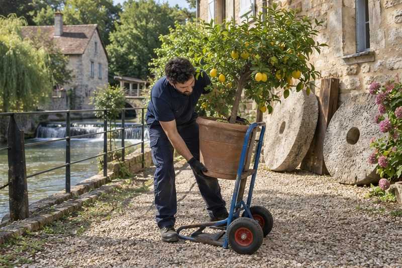 Citronnier en pot dans une cour de moulin : chantier Rue Abel Gance