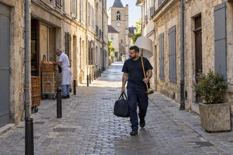 Ruelle pavée piétonne au petit matin : chantier Rue Albert Marquet