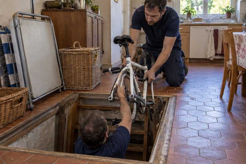 Vélo passé par une trappe de cave : chantier Rue de l’Égalité