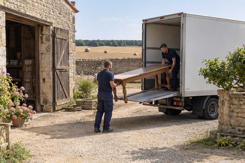 Table de ferme chargée dans une cour : chantier Rue de la Plaine