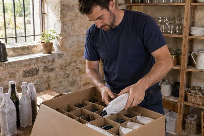 Bouteilles couchées dans un carton à croisillons