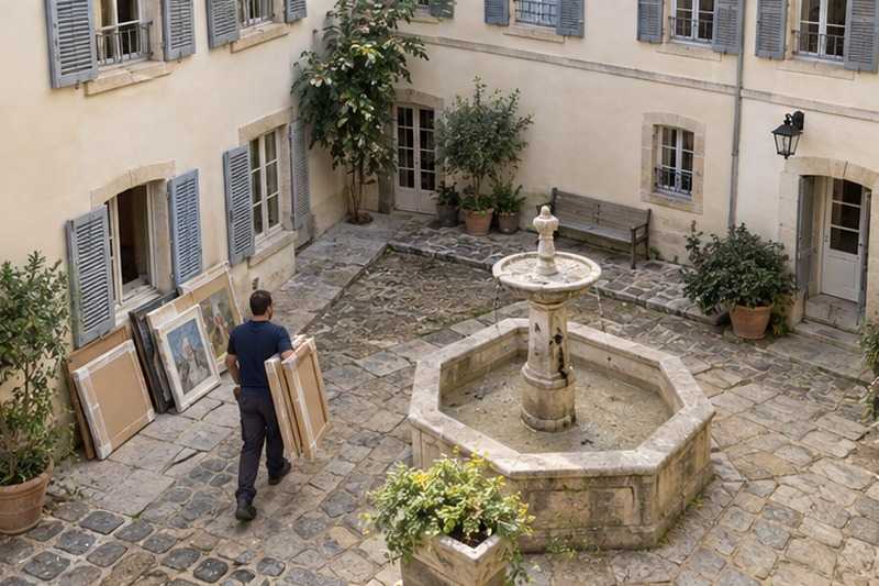 Tableaux emballés le long d’une cour : chantier Grande Rue