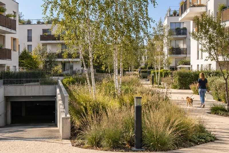 Résidence récente et jardin intérieur