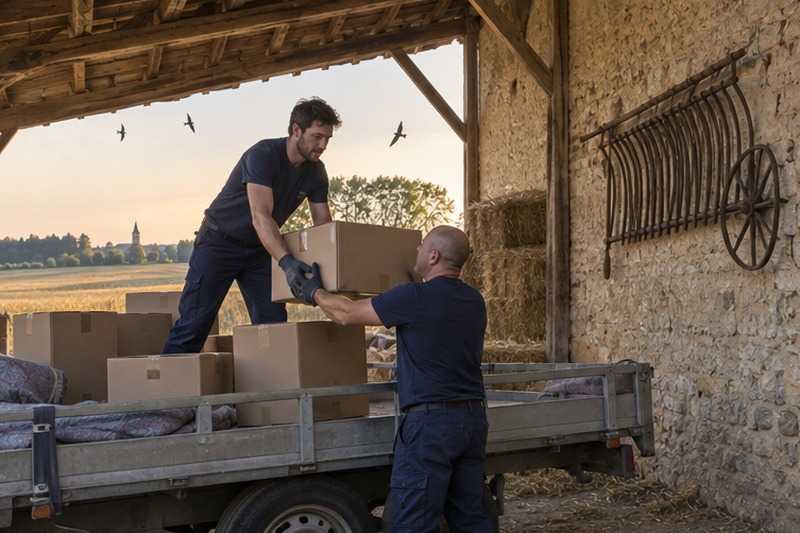 Cartons empilés sous l’auvent d’une grange : chantier Route de Champlan