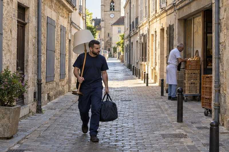 Ruelle pavée piétonne au petit matin : chantier Rue Claude Monet