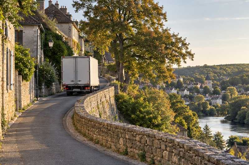 Camion montant une côte de vallée : chantier Grande Rue