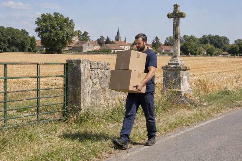Cartons portés au bord d’une route de hameau : chantier Rue Alexandre Ribot