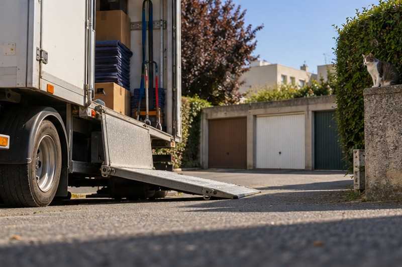 Rampe repliée d’un camion en impasse : chantier Rue Alfred de Musset