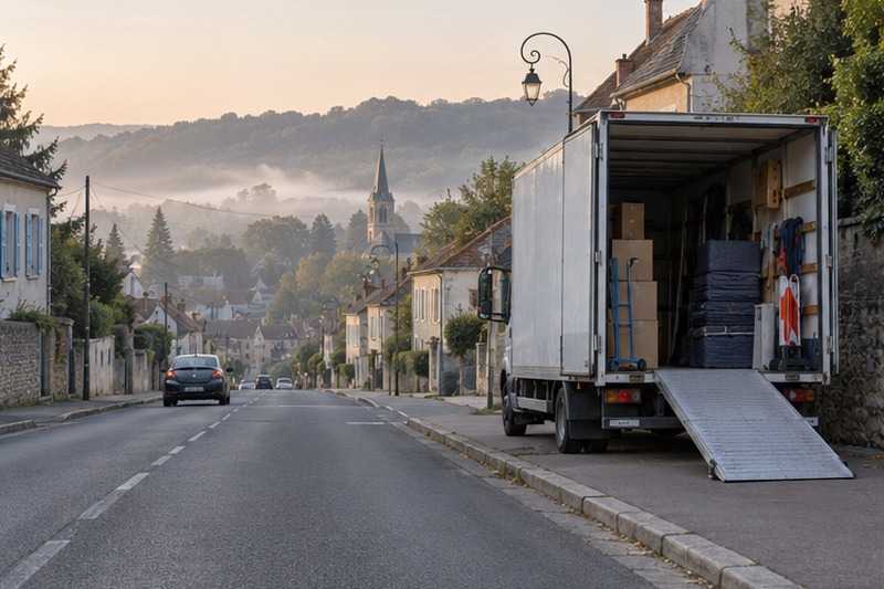 Camion à cheval sur un large trottoir : chantier Rue Albert Mercier