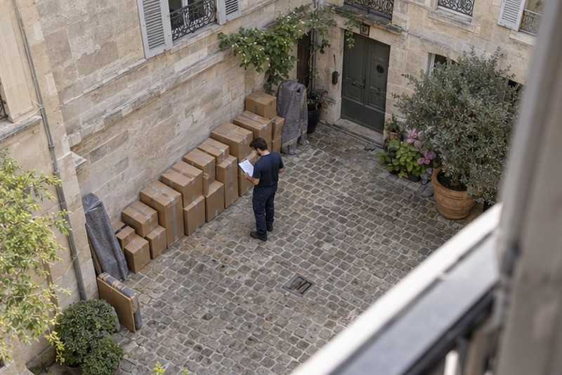 Cartons alignés dans une cour pavée : chantier Rue Aristide Maillol