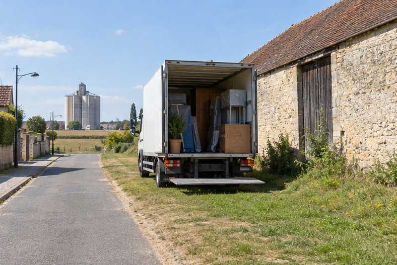 Camion arrêté dans une rue de village agricole : chantier Rue d’Ollainville