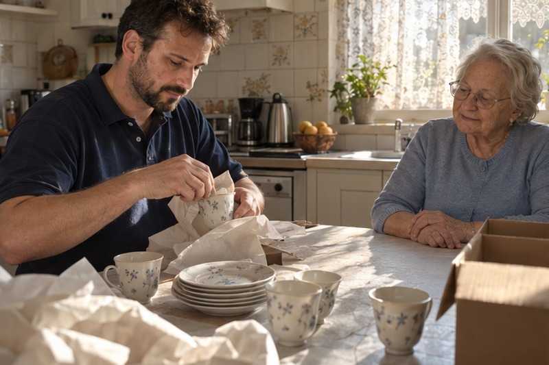 Vaisselle emballée devant une dame âgée