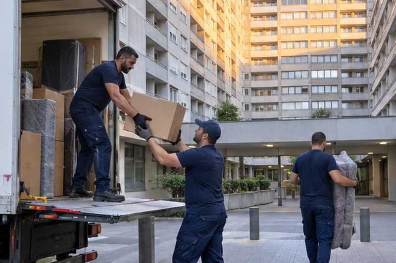 Chargement matinal au pied d’un immeuble : chantier Rue de l’Église