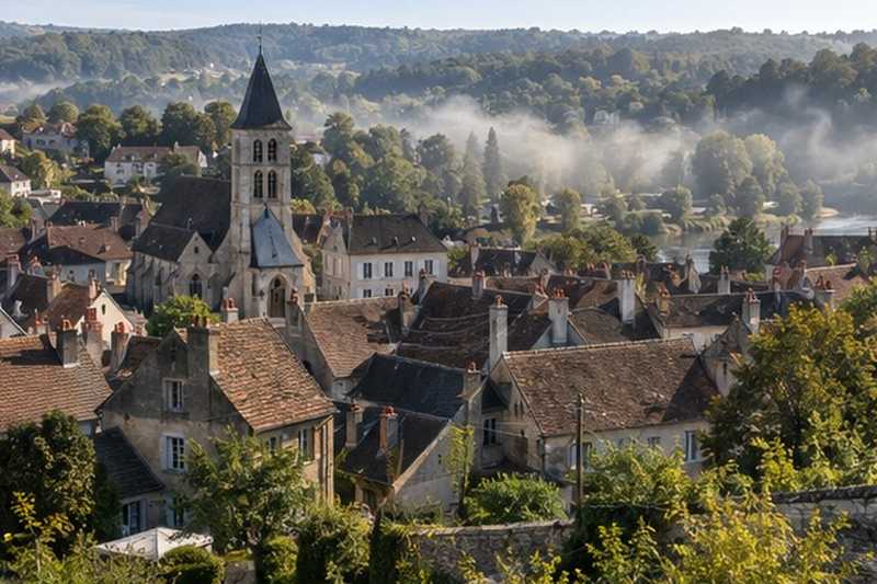 Toits d’une petite ville au matin