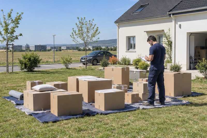 Cartons triés sur une pelouse : chantier Allée des Roses