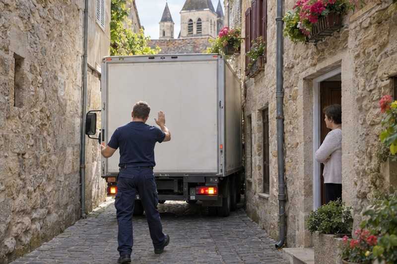 Camion guidé dans une rue étroite : chantier Rue Amédée Fraguier