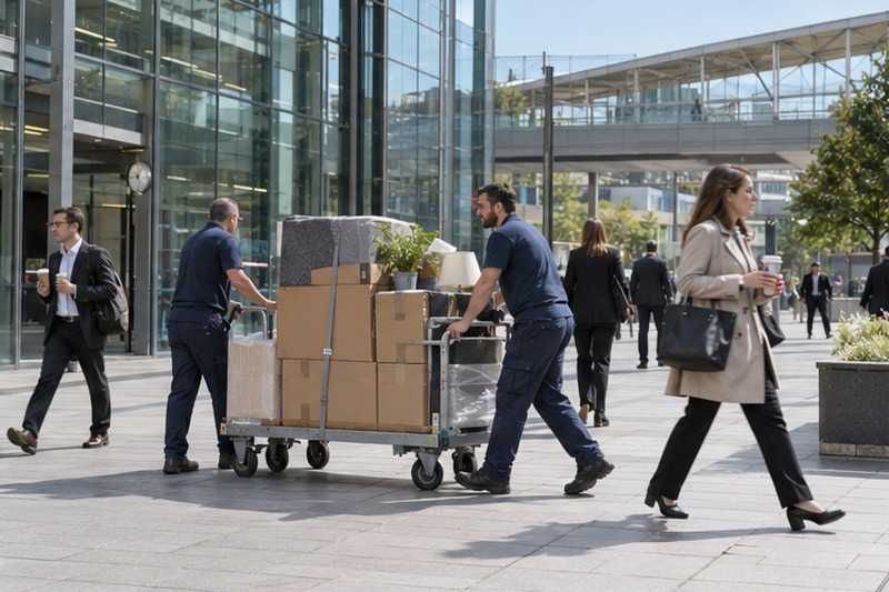 Long chariot de cartons dans un mail piéton : chantier Rue d’Amsterdam