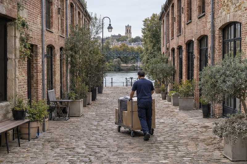 Chariot sur les pavés d’une cour d’ateliers : chantier Rue de la Haye