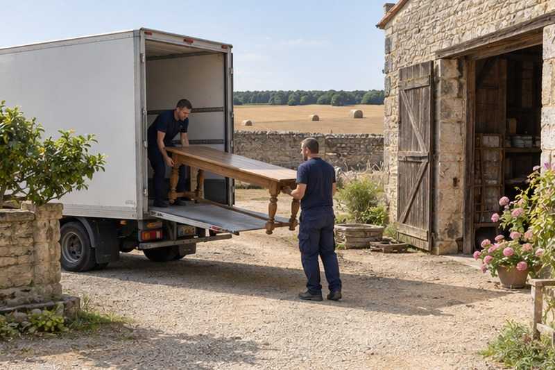 Table de ferme chargée dans une cour : chantier Rue André Pardoux