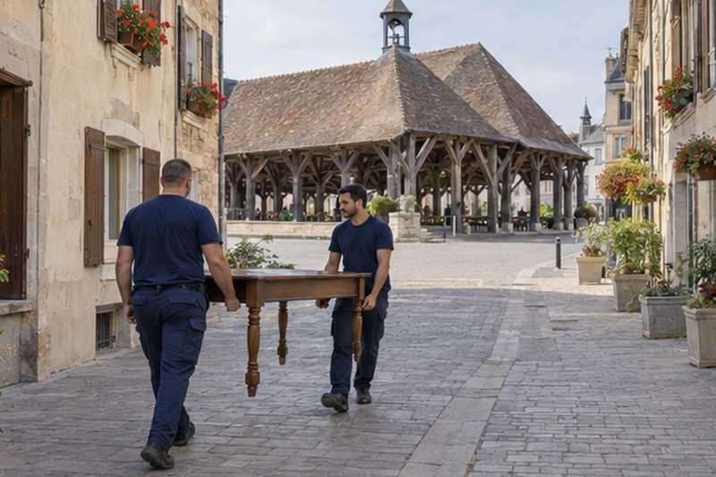 Table portée dans une rue piétonne ancienne : chantier Rue Au Lievre