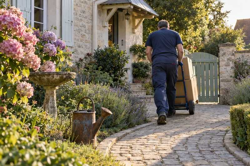 Diable sur un chemin de jardin fleuri : chantier Rue Boieldieu