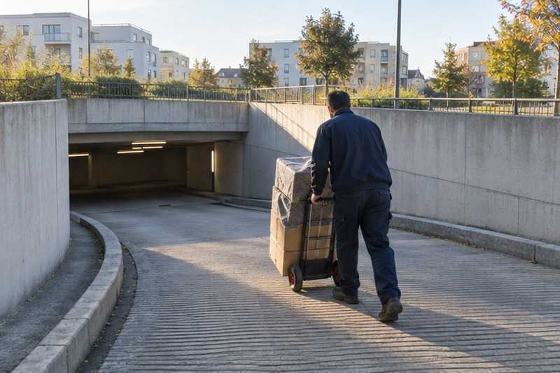 Chariot descendant la rampe d’un parking : chantier Rue de Bellevue