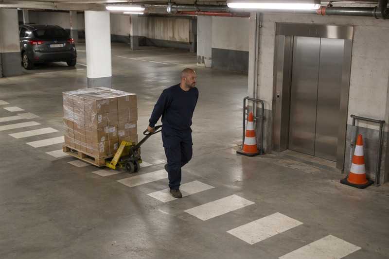 Transpalette dans une allée de parking : chantier Rue de Brie