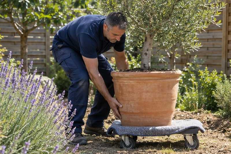 Olivier en pot soulevé au jardin : chantier Rue de la Garenne