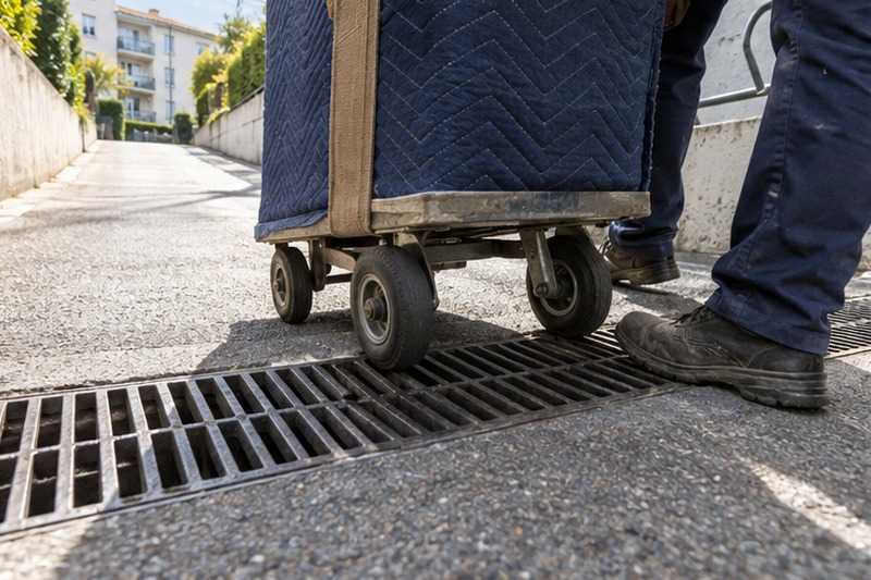 Roues de diable sur la grille de rampe : chantier Rue d’Antony