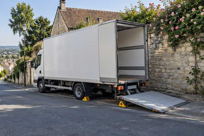 Hayon abaissé dans une rue en pente, Vert-le-Grand