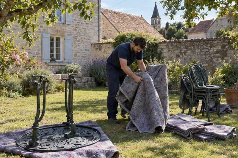 Salon de jardin emballé sur l’herbe : chantier Rue de Bertault