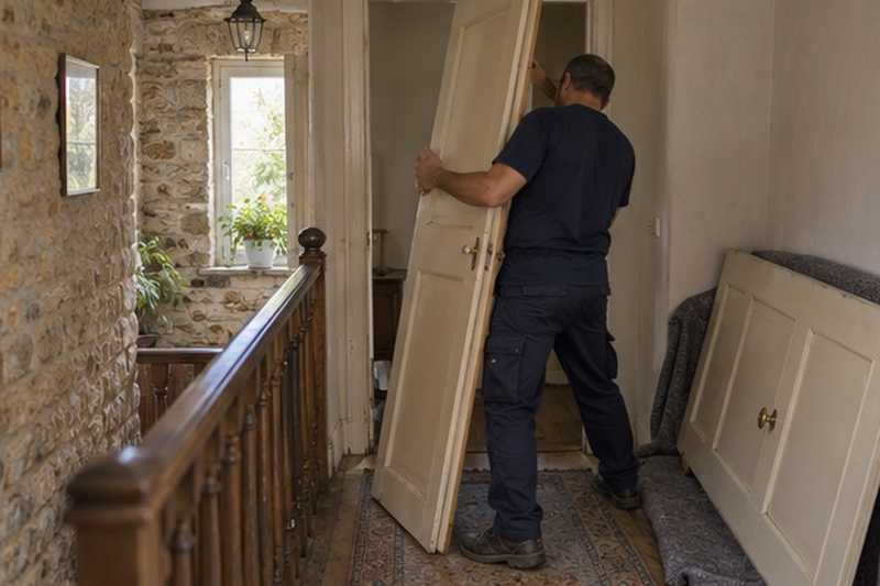 Porte dégondée sur un palier : chantier Rue de la Poste