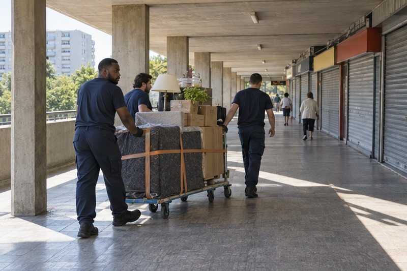 Chariot sous les arcades d’une dalle : chantier Troisième étage avec ascenseur