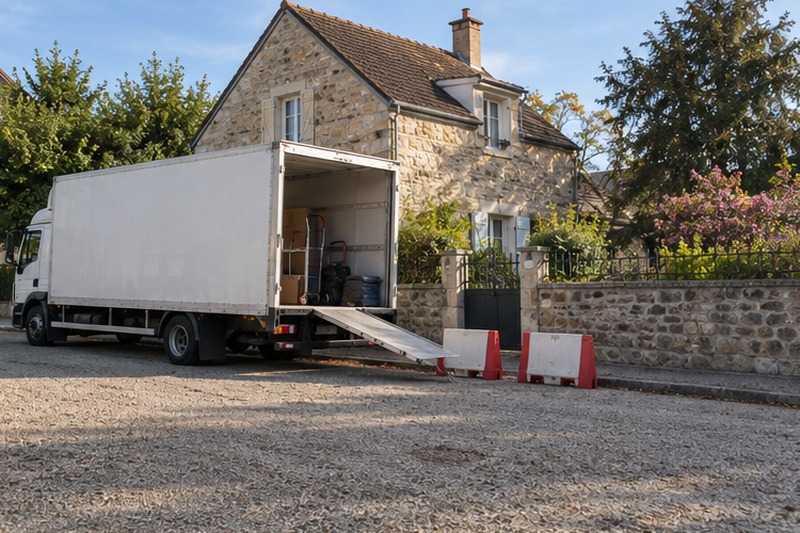 Camion garé devant un pavillon en meulière : chantier Rue d’Ayorou