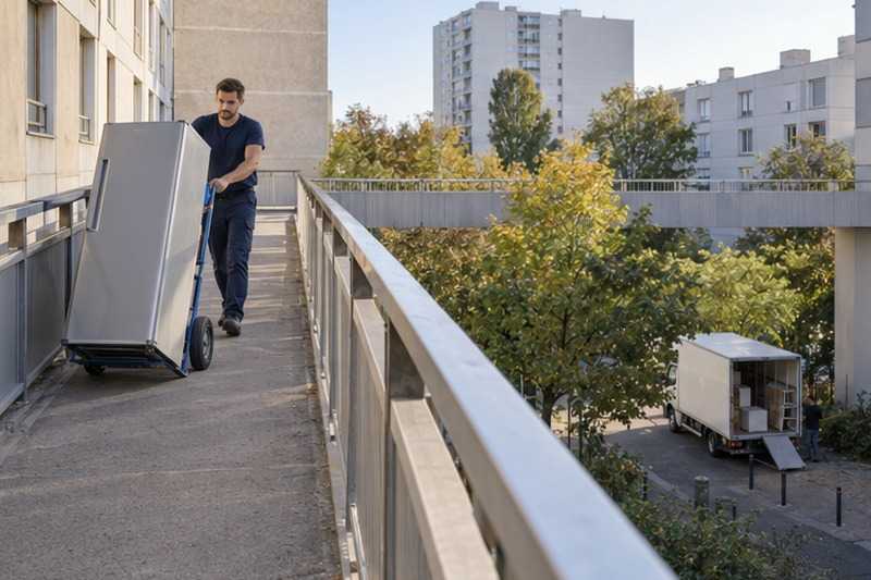 Réfrigérateur sur une passerelle piétonne : chantier Rue de l’Essonne