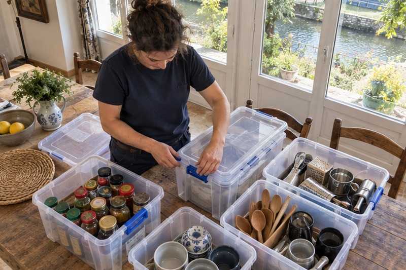 Petits objets triés en caisses