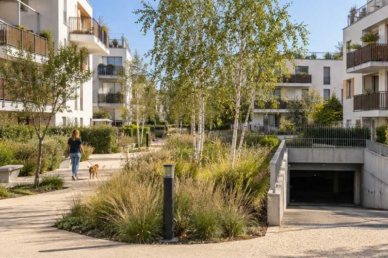 Résidence récente et jardin intérieur