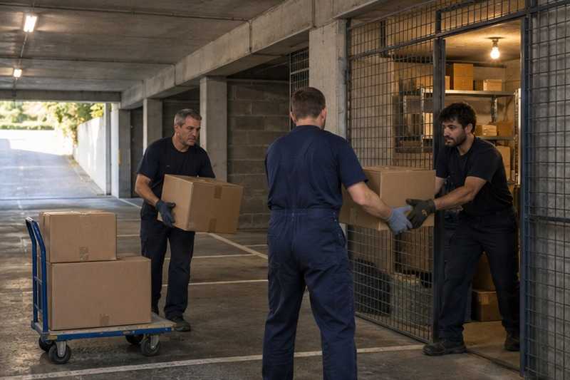 Cartons passés de main en main au sous-sol : chantier Rue Ambroise Croizat