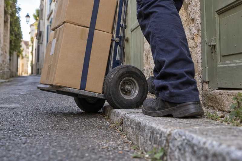 Diable longeant un trottoir étroit : chantier Rue Claude Mouchel