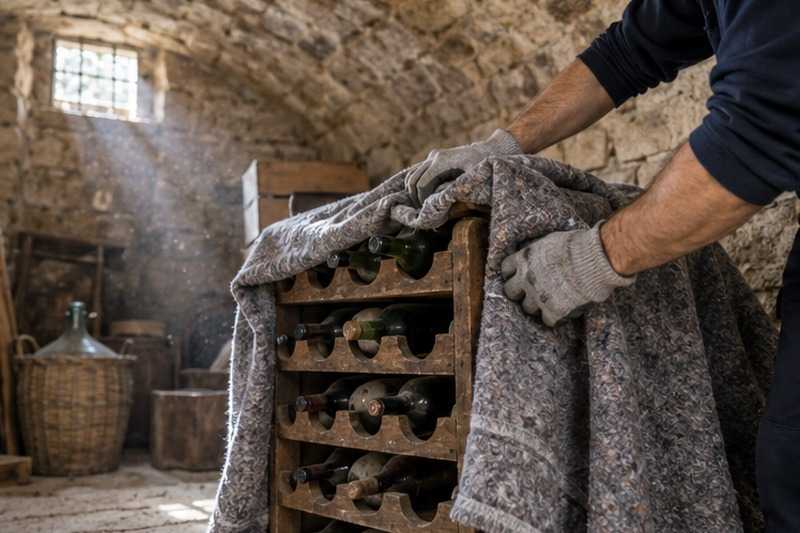 Casier à bouteilles emballé en cave voûtée : chantier Impasse de Genève