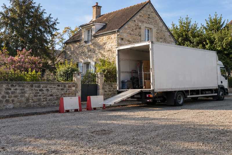 Camion garé devant un pavillon en meulière : chantier Rue Alphonse de Lamartine