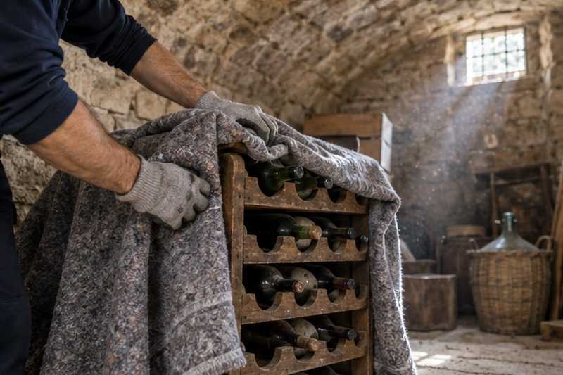 Casier à bouteilles emballé en cave voûtée : chantier Chemin des Coudrayes