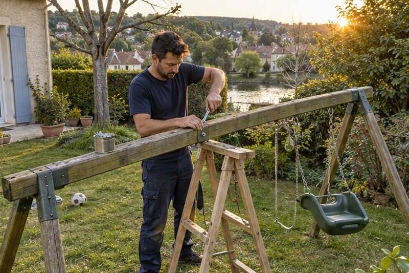 Portique de jardin démonté sur la pelouse