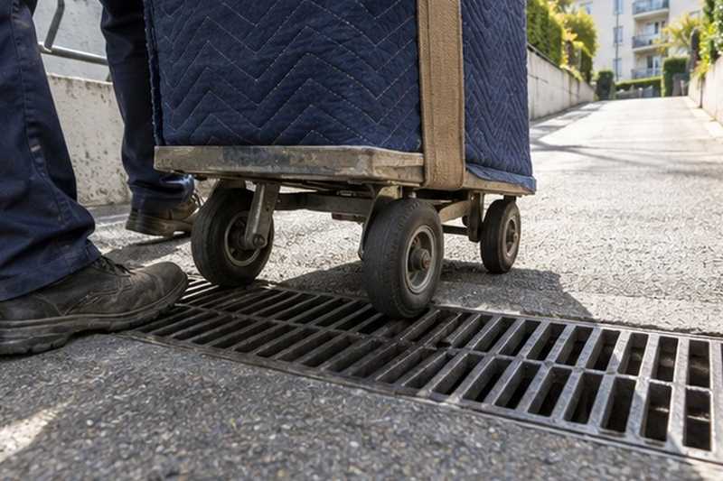 Roues de diable sur la grille de rampe : chantier Rue de Fretay