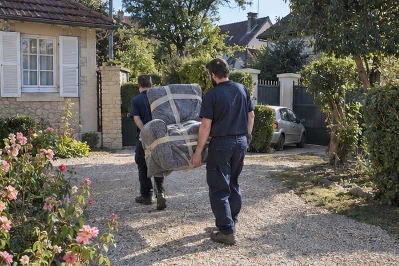 Fauteuil porté dans une allée gravillonnée : chantier Rue de la Poupardière