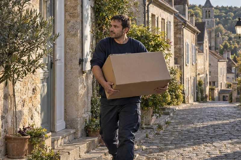Carton porté sur un trottoir pavé : chantier Rue de l’Hermine
