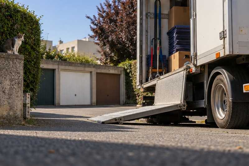Rampe repliée d’un camion en impasse : chantier Rue de l’Orge