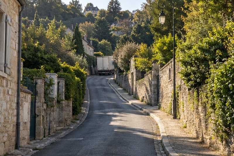 Rue pentue avec un camion au loin