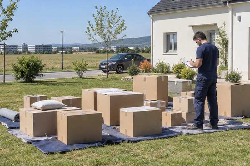 Cartons triés sur une pelouse : chantier Rue Anne Frank
